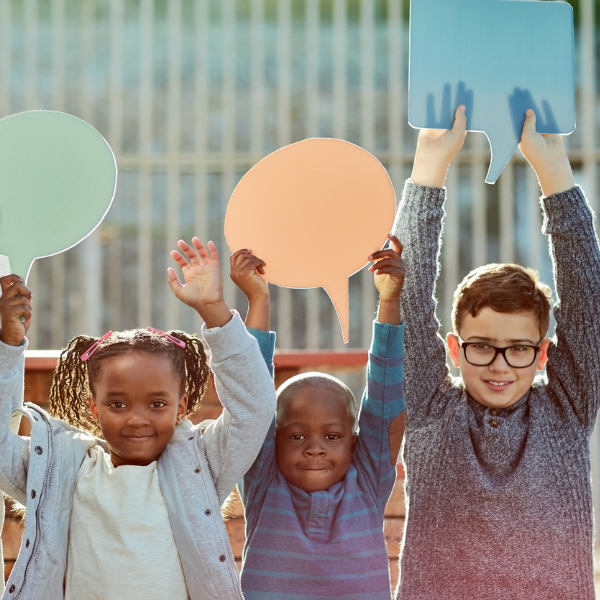 Public Awareness Campaign RFP image of children holding blank message bubbles.